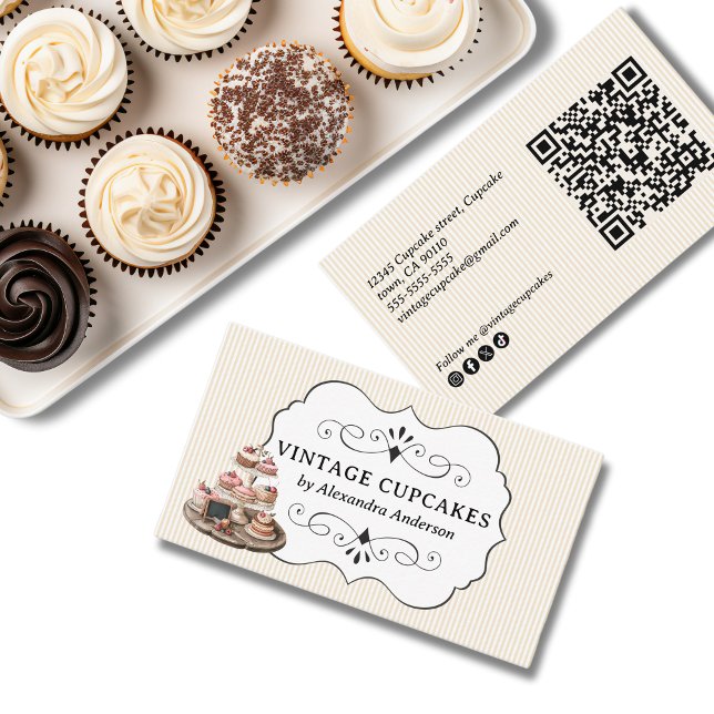 Vintages Cupcake Bäckerei Elegante Visitenkarte (Vintage Cupcake Bakery Elegant Business Card)