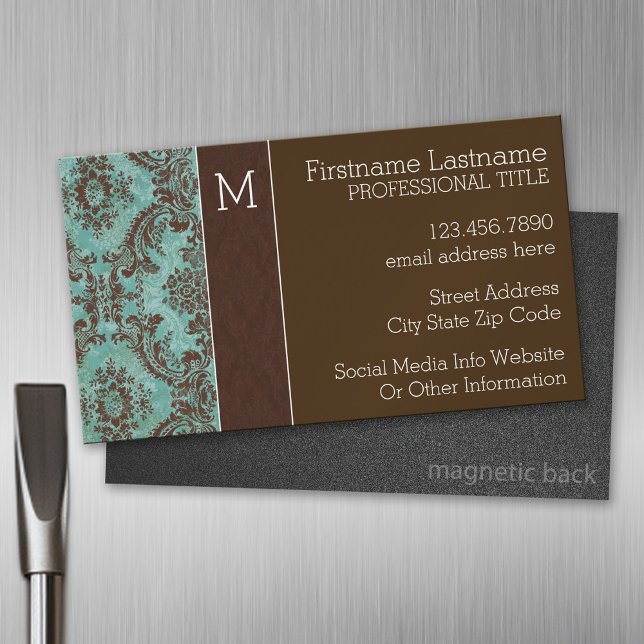 Vintages Damaskusmuster mit Monogramm Magnetische Visitenkarte (Custom Business Card Magnet)