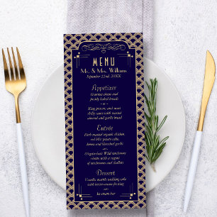 Vintages Déco-Gatsby-Hochzeitsmenü der 20er Jahre Werbekarte