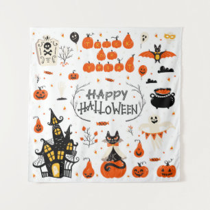 Vintages Design von Halloween Elements im Set Wandteppich