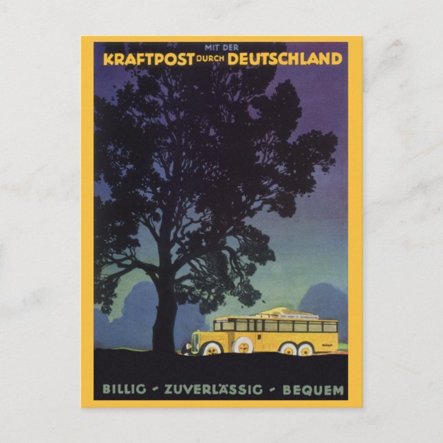 Vintages Deutschland, Gelber Bus bei Nacht, Reisek Postkarte (Vorderseite)