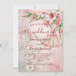 Vintages Dress QR Code Hochzeit in Rosa Einladung