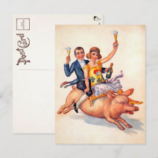 Vintages Drink Couple Riding Pig Postkarte