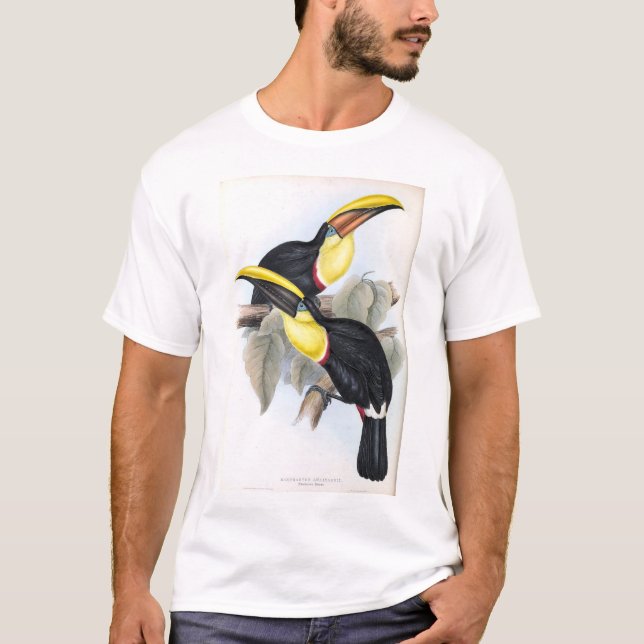 Vintages Druck Gelb berechneter Toucans tropischer T-Shirt (Vorderseite)