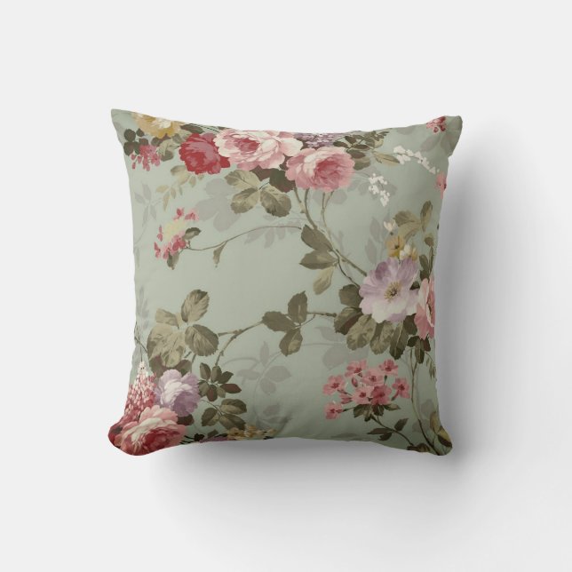 Vintages, dusty Olive Green Floral Design Kissen (Vorderseite)