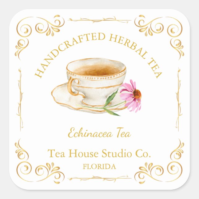Vintages Echinacea Tea Square Label Quadratischer Aufkleber (Vorderseite)
