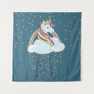 Vintages Einhorn: Regenbogenwolken-Illustration Wandteppich