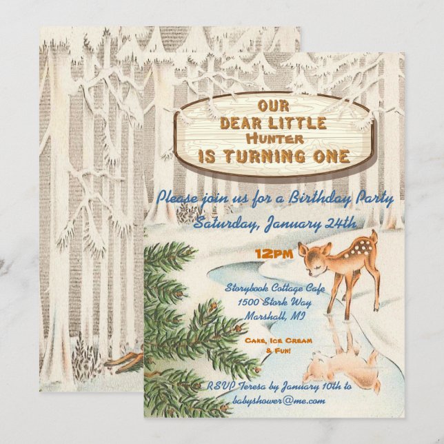Vintages einjähriges Winterwald lädt Hirsche ein Einladung (Vorne/Hinten)