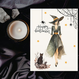 Vintages elegantes Hexenkatzen Gotisches Halloween Postkarte