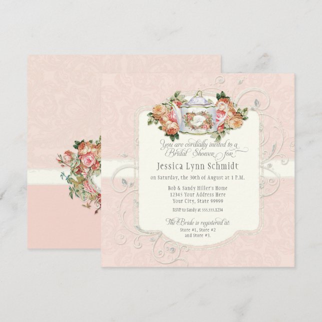 Vintages Elegantes Schwarzes Rose Brautparty  Einladung (Vorne/Hinten)
