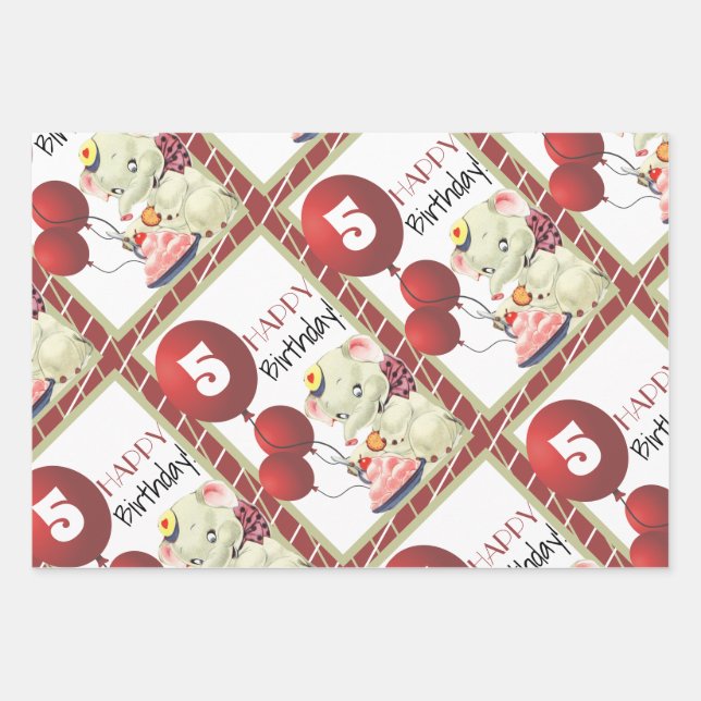 Vintages Elephant Birthday Wrapping Paper Geschenkpapier Set (Vorderseite)