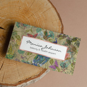 Vintages Elfenbein-grün-blaue rosa Pfau-Collage Visitenkarte