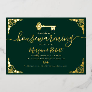 Vintages Emerald Green Gold Key Housewarming Party Folieneinladung