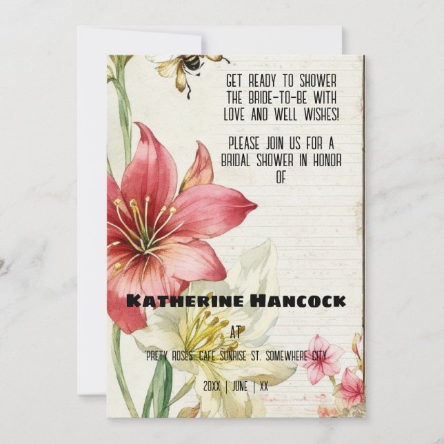 Vintages Ephemera Amaryllis Brautparty Einladung (Vorderseite)