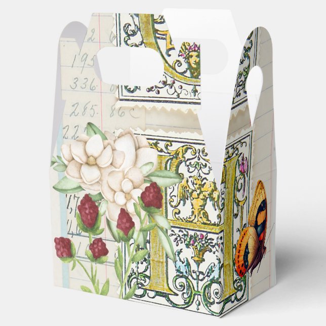 Vintages Ephemerdesign mit Blume und Schmetterling Geschenkschachtel (Geöffnet)