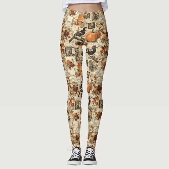 Vintages Ephemerollage | Rustikale Vögel Leggings (Vorderseite)