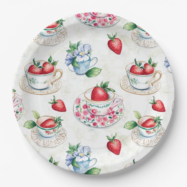 Vintages Erdbeermuster Teacup Blumenmuster Pappteller (Vorderseite)