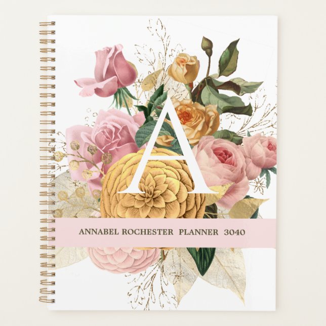 Vintages Erröten und Gold Rose personalisierter Pl Planer (Vorderseite)
