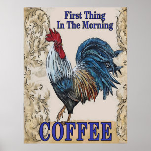Vintages Erstes, Kaffee, blaue Hühner Poster