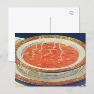 Vintages Essen, Hot Bowl of Tomato Soup with Peas Postkarte