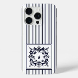Vintages Etikett und Monogramm für Navy Blue Strip Case-Mate iPhone Hülle