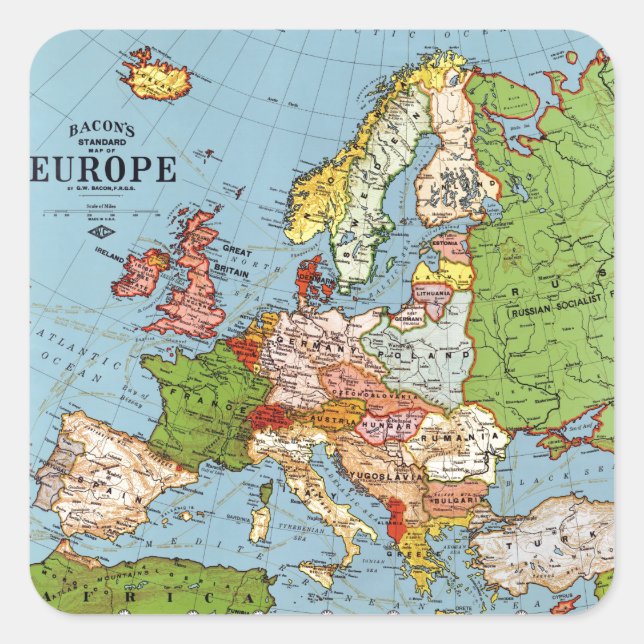 Vintages Europa 20. Jahrhundert - Allgemeine Karte Quadratischer Aufkleber (Vorderseite)
