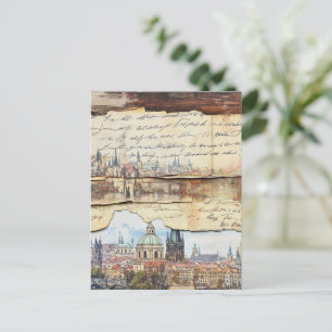 Vintages europäisches Stadtbild mit handgeschriebe Postkarte