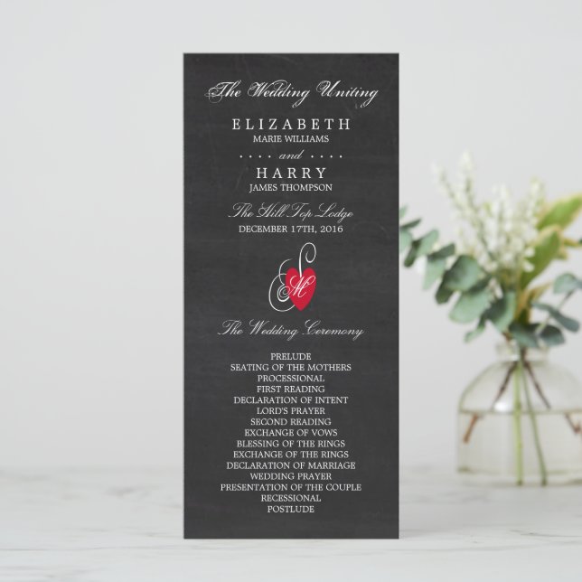 Vintages Extravagantes Herz - Chalkboard Wedding Programm (Stehend Vorderseite)