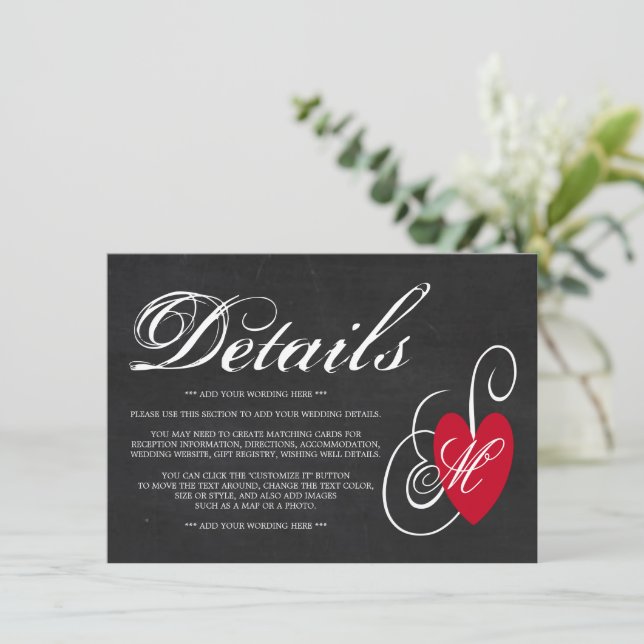 Vintages Extravagantes Herz - Details zur Hochzeit Begleitkarte (Stehend Vorderseite)