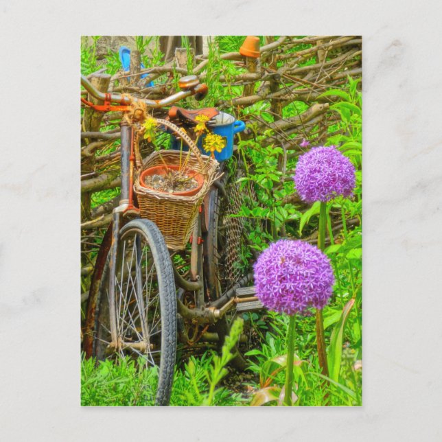 Vintages Fahrrad im Garten Postkarte (Vorderseite)