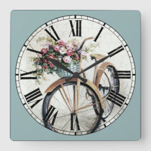 Vintages Fahrrad mit Blume im Warenkorb Quadratische Wanduhr