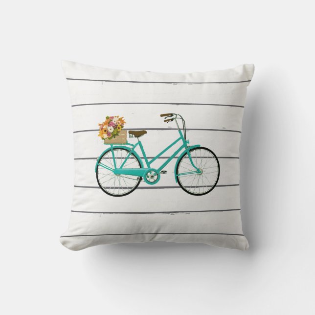 Vintages Fahrrad mit Blume Türkis Kissen (Vorderseite)