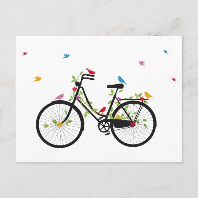 Vintages Fahrrad mit Blume und Vögeln Postkarte (Vorderseite)