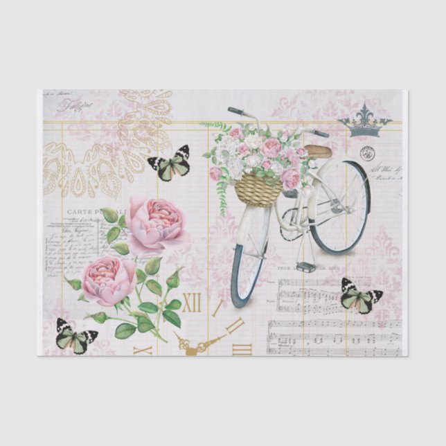 Vintages Fahrrad, Rose und Schmetterlinge Collage Seidenpapier (Vorderseite)