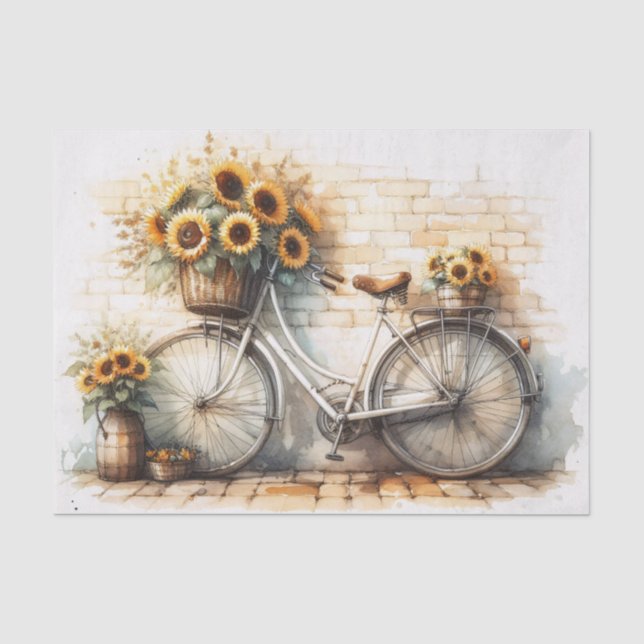 Vintages Fahrrad und Aquarellblau Sonnenblumen Dek Seidenpapier (Vorderseite)