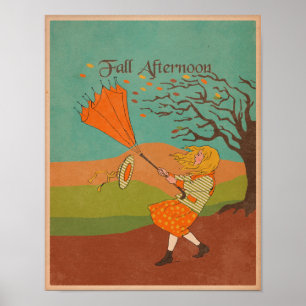 Vintages Fall-Herbst-Wind-Mädchen mit Regenschirm Poster