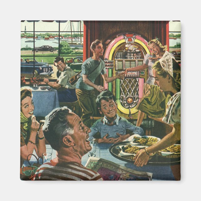 Vintages Familienessen bei einem Abendessen mit Ju Magnet (Vorne)