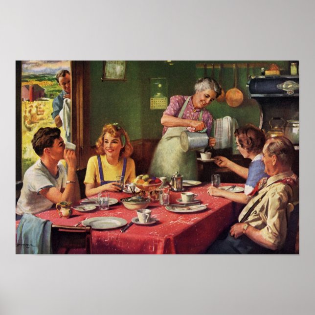 Vintages Familienfrühstück in der Küche Poster (Vorne)