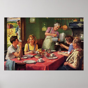 Vintages Familienfrühstück in der Küche Poster