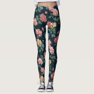 Vintages, farbiges Peony-Muster auf schwarzem Hint Leggings