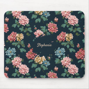 Vintages, farbiges Peony-Muster auf schwarzem Hint Mousepad