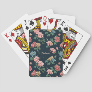 Vintages, farbiges Peony-Muster auf schwarzem Hint Spielkarten