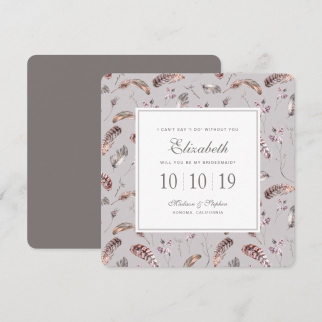 Vintages Federn- und Blumenmuster - Bridesmädchen Einladung (Vorne/Hinten)