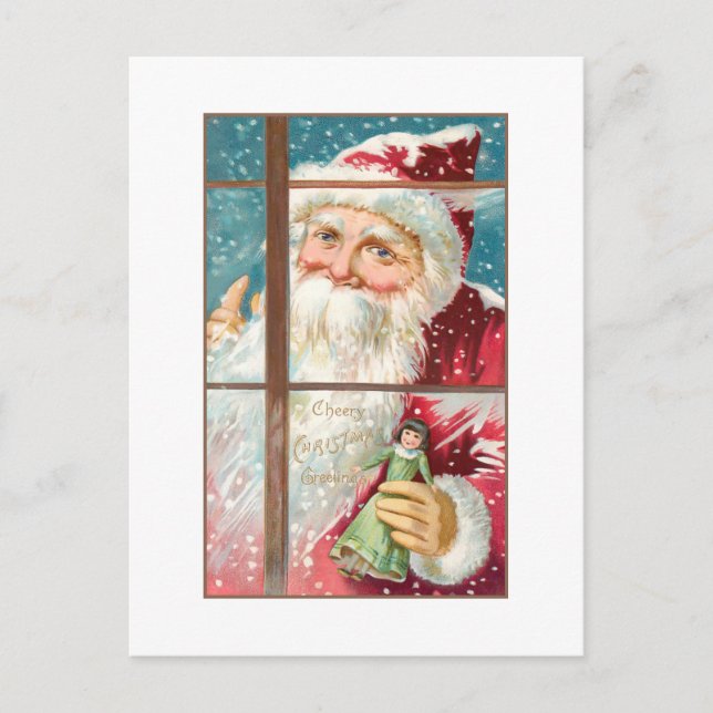 Vintages Fenster Santa at Snowy Postkarte (Vorderseite)