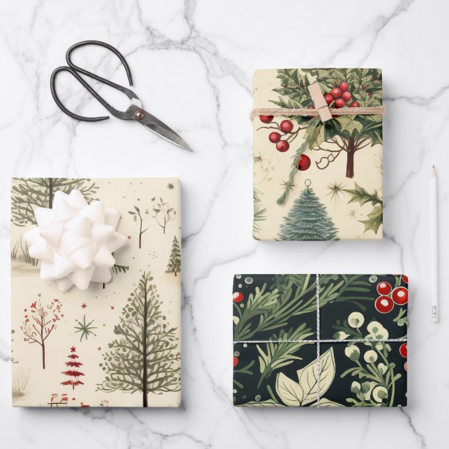 Vintages festes Baummuster Geschenkpapier Set (Vorderseite)