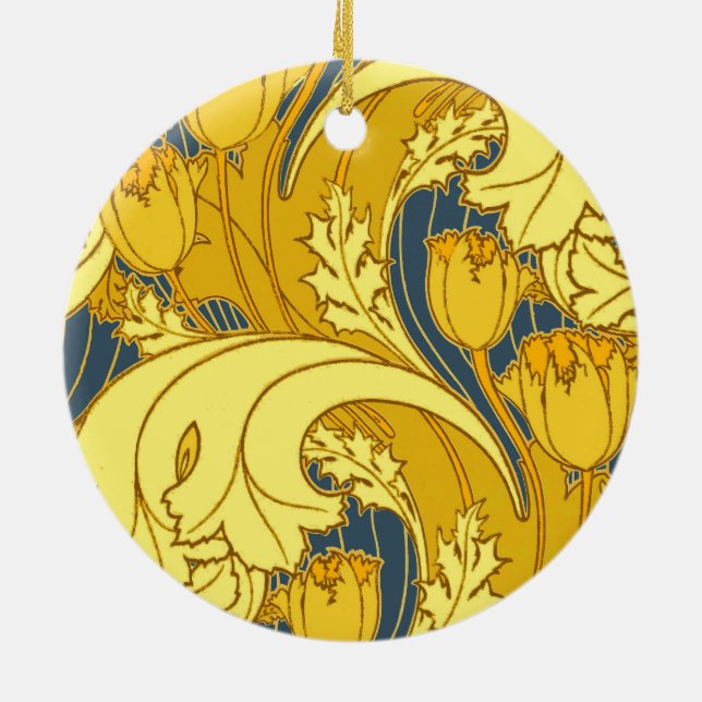 Vintages fett Tulip Blue Gold Muster Keramikornament (Hinten)