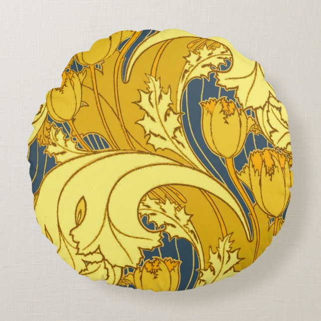 Vintages fett Tulip Blue Gold Muster Rundes Kissen (Vorderseite)
