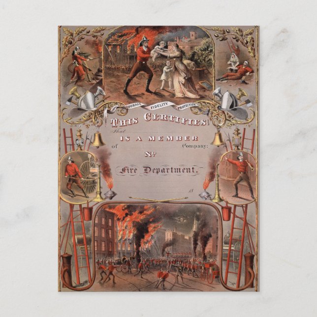 Vintages Feuerwehrzeugnis Postkarte (Vorderseite)