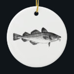 Vintages Fischen - atlantischer Kabeljau Keramik Ornament<br><div class="desc">Dieses Fischen - Meeresfrüchtethemaverzierung kennzeichnet eine Vintage Linie Kunstillustration des atlantischen Kabeljaus der Art. Kabeljau waren in der Entwicklung von vielen von Nordamerikas berühmtesten Fischengemeinschaften entscheidend. Atlantischer Kabeljau werden durch Größen vermarktet; kleine Einzelpersonen werden scrod angerufen,  während die größten Kühe genannt werden.</div>