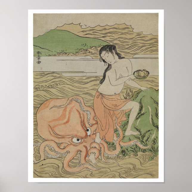 Vintages Fischermädchen mit Oktopus, Retro Japan Poster (Vorne)
